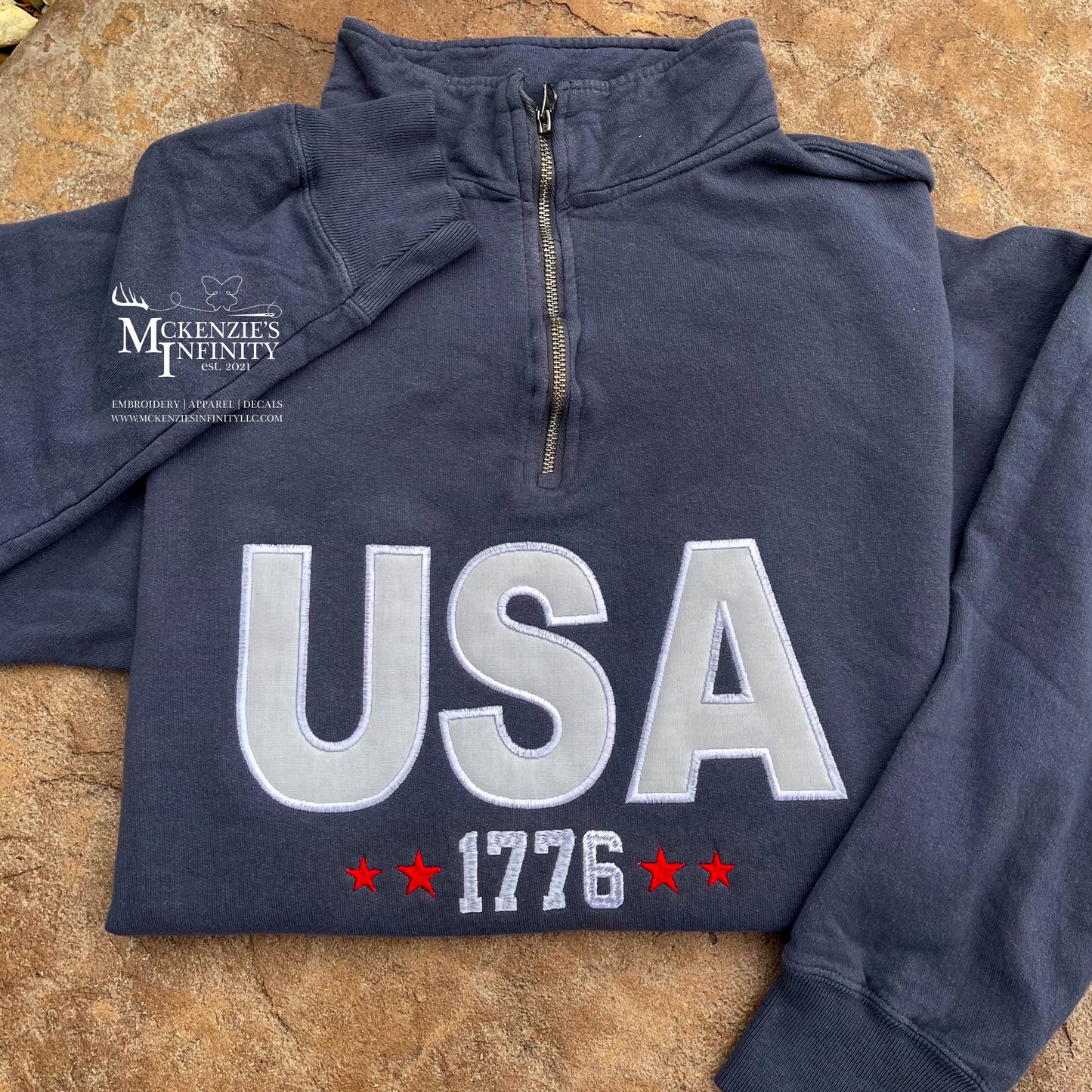 USA Embroidered Quarter Zip Sweatshirt | Comfort Wash 1776 Pullover