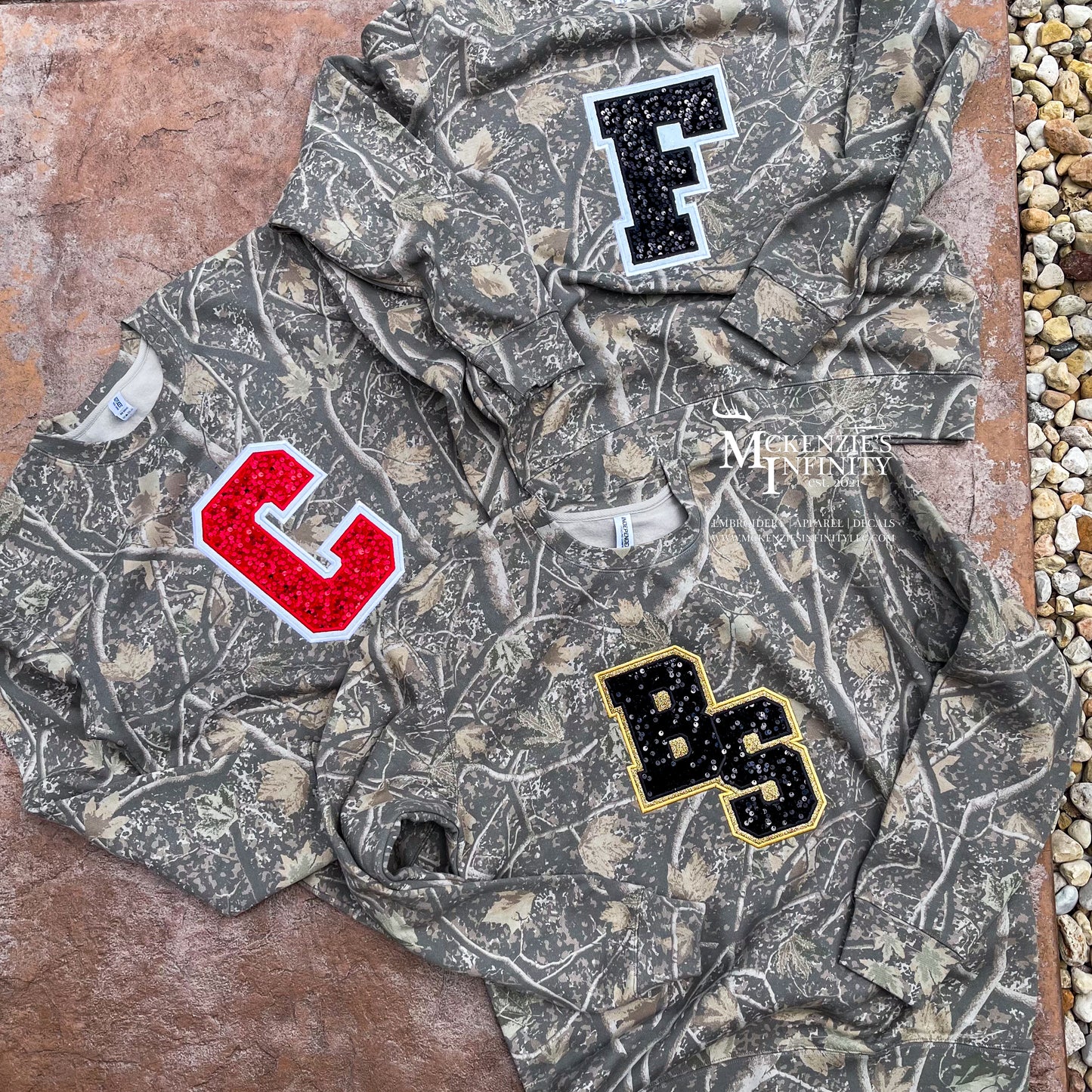 Custom Sequin Varsity Letter Embroidered Camo Crewneck Sweatshirt