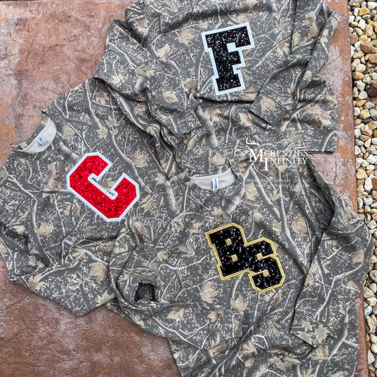 Custom Sequin Varsity Letter Embroidered Camo Crewneck Sweatshirt