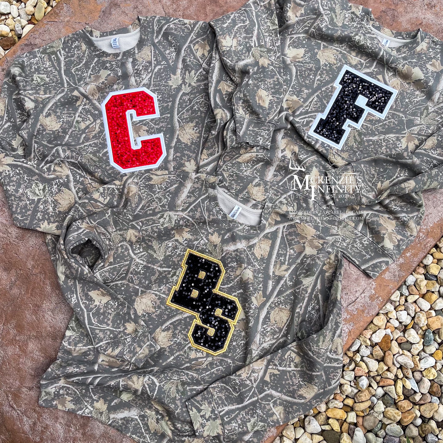 Custom Sequin Varsity Letter Embroidered Camo Crewneck Sweatshirt