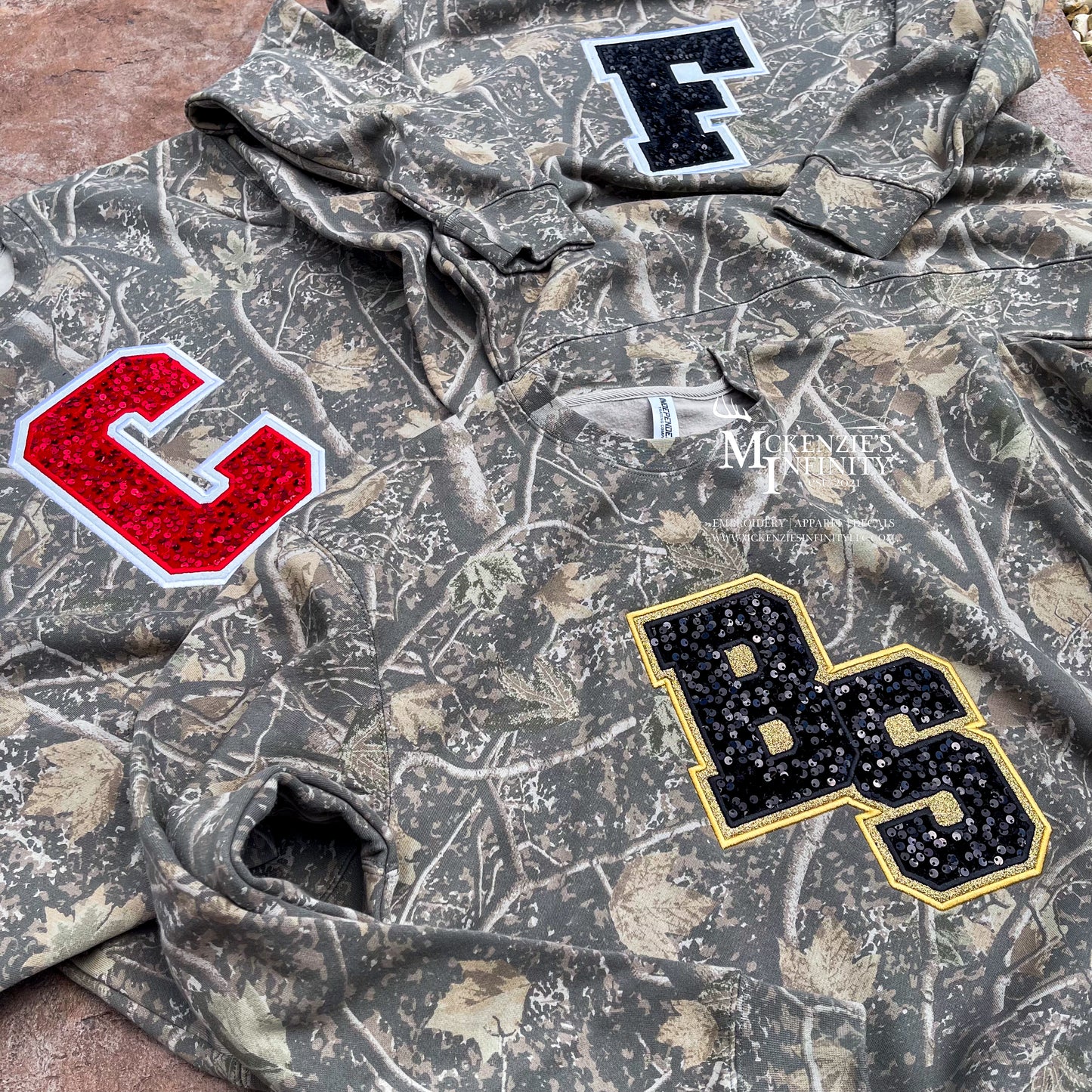 Custom Sequin Varsity Letter Embroidered Camo Crewneck Sweatshirt